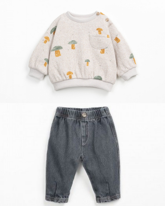 BABY SET DENIM TROUSERS/JERSEY SWEATER MUSHROOM