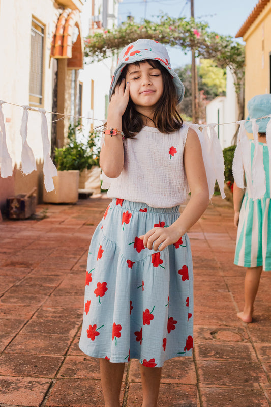 MID LENGTH SKIRT POPPIES ALL OVER SKY BLUE