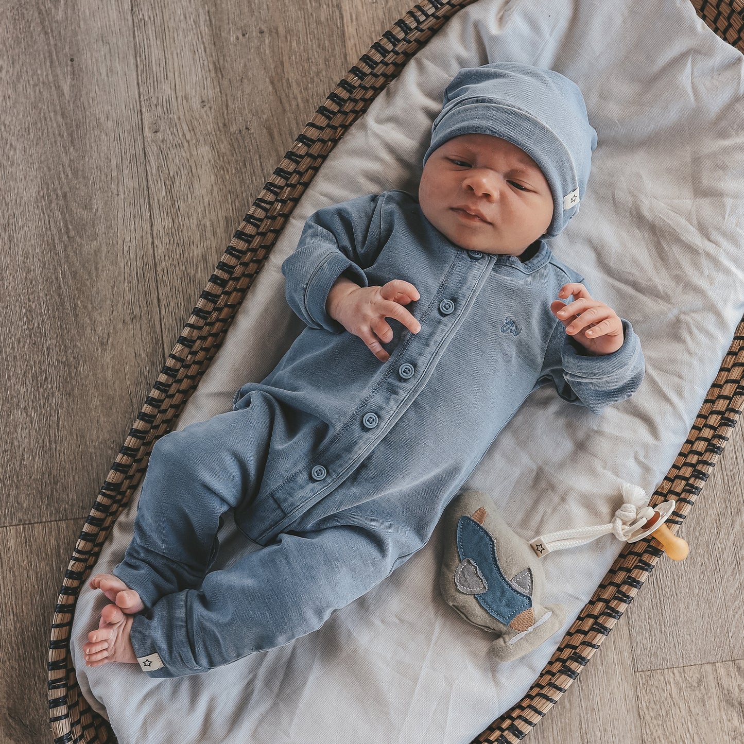 KNITTED DENIM ONESIE BLUESTONE