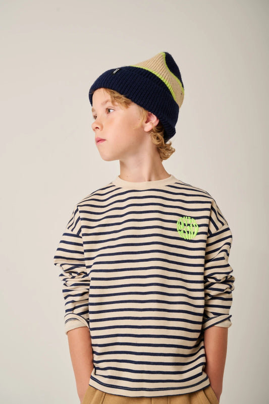 T-SHIRT LONGSLEEVE CONCRETE GESTREEPT DONKERBLAUW